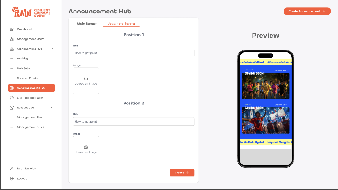 Raw League CMS: Announcement Hub with banner positions and live mobile preview